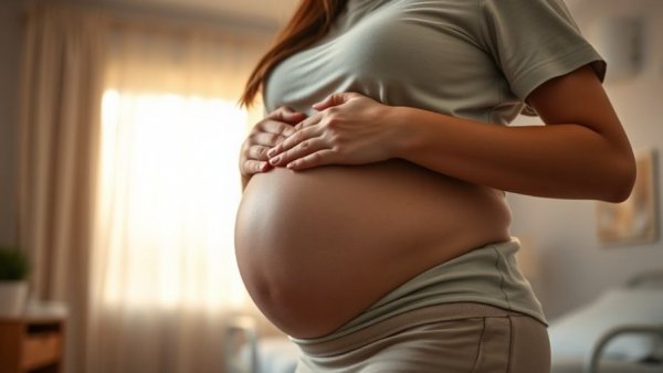 Pregnant woman holding belly in antenatal care setting.