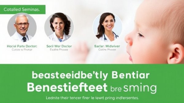 Maternal nutrition breastfeeding seminar poster with doctors and baby backdrop.