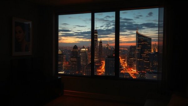 September 11 9/11 technology security, city view through window in dim room