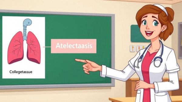 Animated diagram of atelectasis with nurse explaining medical term.