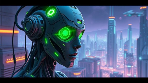 Futuristic AI entity overseeing sci-fi cityscape, AI for business future concept.