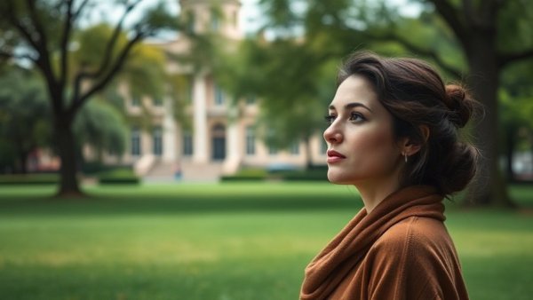 AI Tools for Kids: a thoughtful woman in a sunny park setting.
