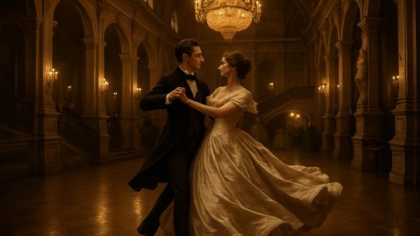 Victorian ballroom dance scene capturing elegant grandeur.
