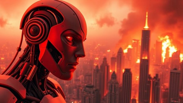 Futuristic AI face overlooking 2030 burning cityscape.
