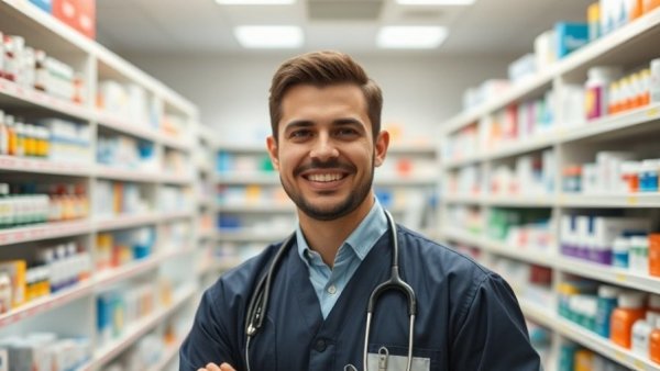 Professional pharmacist in Uganda, standing in pharmacy.