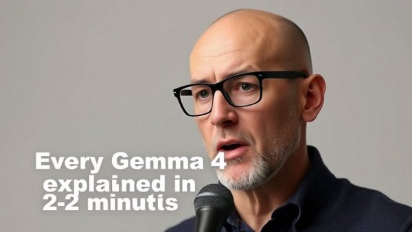 Gemma 4 model family explained by a man with microphone and blue background.