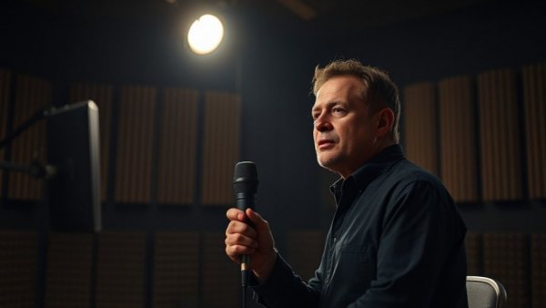Confident speaker in dimly lit studio discussing Astra AI capabilities.