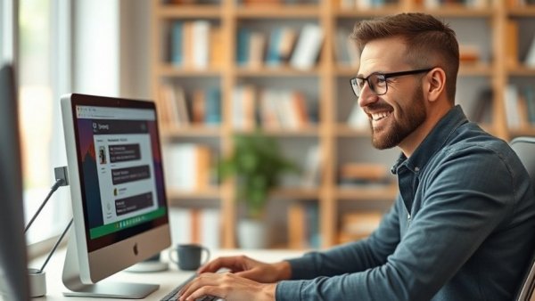 Man using Gemini 3.8 text-to-speech technology in modern office.