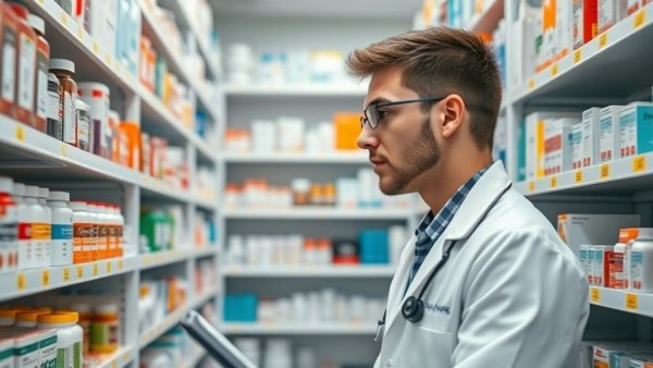 Case Clinics Uganda pharmacist examines colorful medicine shelves