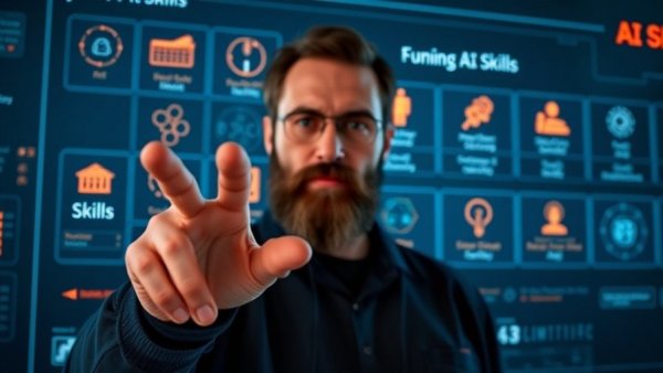 Man pointing at digital interface with free AI skills display