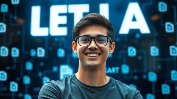 Young man promoting AI file management with digital icons.