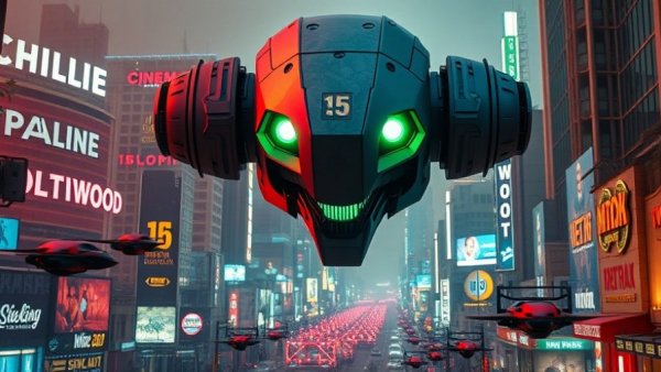 AI for business depicted in a futuristic city with a robot head over Hollywood.