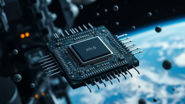 Futuristic AI chip cooling process in space environment.