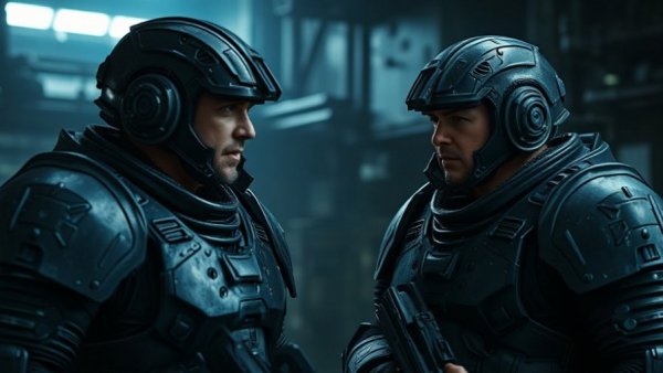 Gears of War E-Day: Armored soldiers in grim setting, engaging discussion.