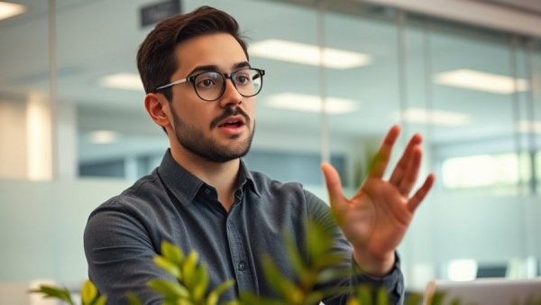 Man explaining Wispr Flow Notetaker in an office setting