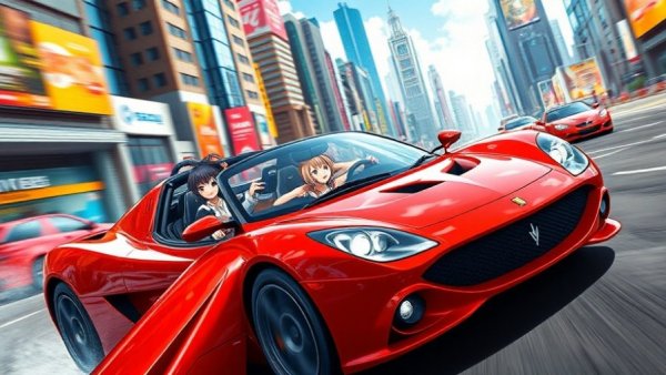 Cross-platform mobile game anime car chase in futuristic city.