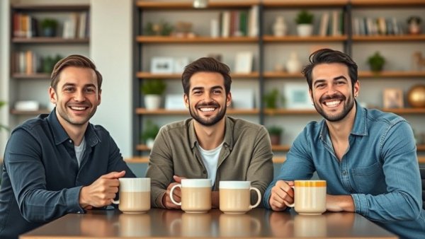 Young filmmakers smiling in modern office, discussing projects