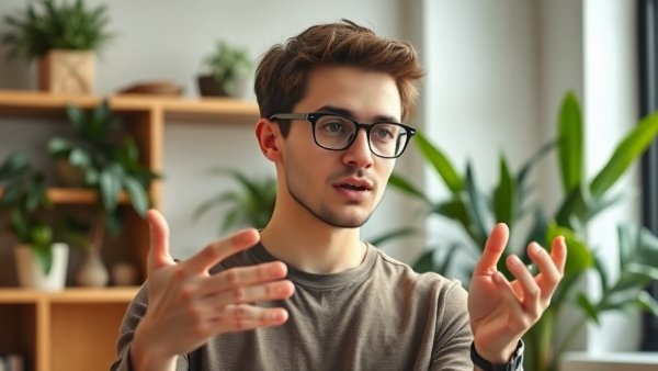 Young man explaining financial freedom money needed in an office setting.