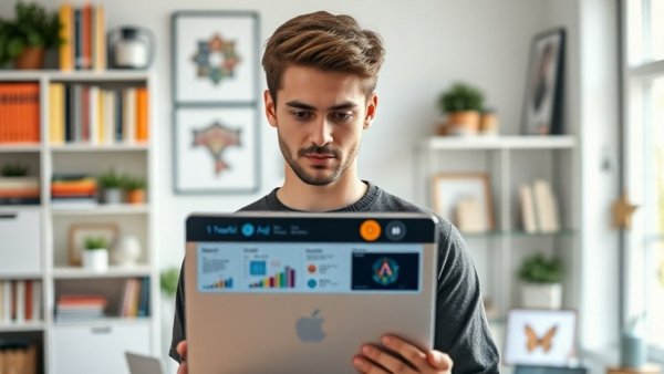 Learn anything faster with AI with young man using laptop in office.
