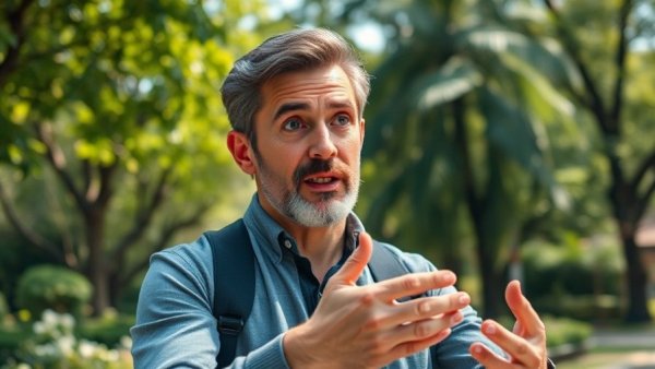 Man explaining productivity tips for content creators in a park setting