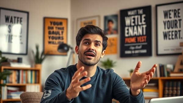 Young man discussing productivity and goal setting in home office.