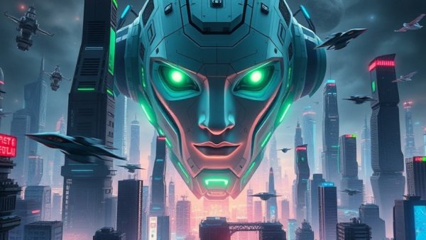 Futuristic AI landscape with skyscrapers and flying vehicles, AI for business.