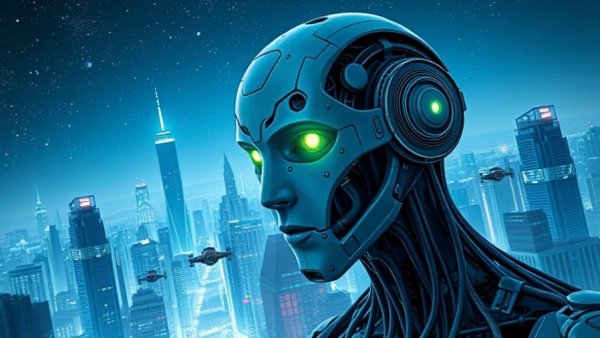 Futuristic cityscape with AI robot head symbolizing AI future, 2035