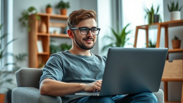 Young man showing real screen time on laptop in modern home office.