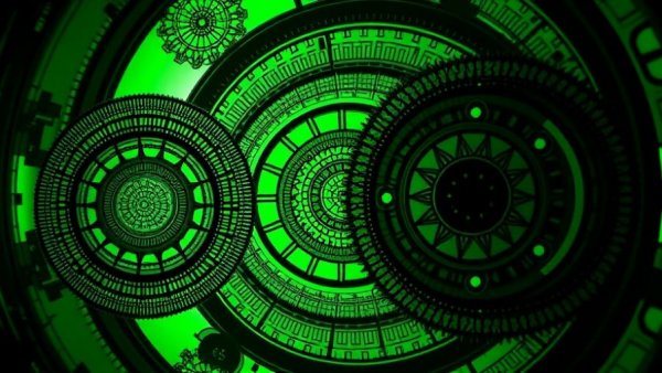 Abstract green circular futuristic design with glowing elements.