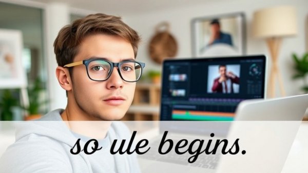 AI video editing software shown by a young man on a laptop screen