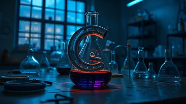 Glass chemistry flask shaped like G in a dim lab setting.