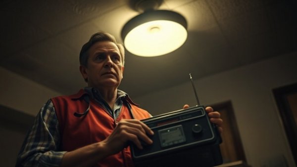 Silent Hill Townfall character, man with radio in dimly lit room.