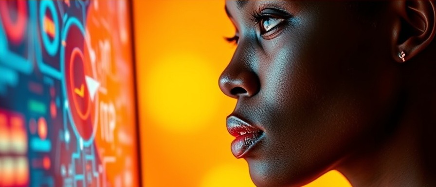 Pensive African woman examining AI data patterns, showcasing AI hallucinations in business.