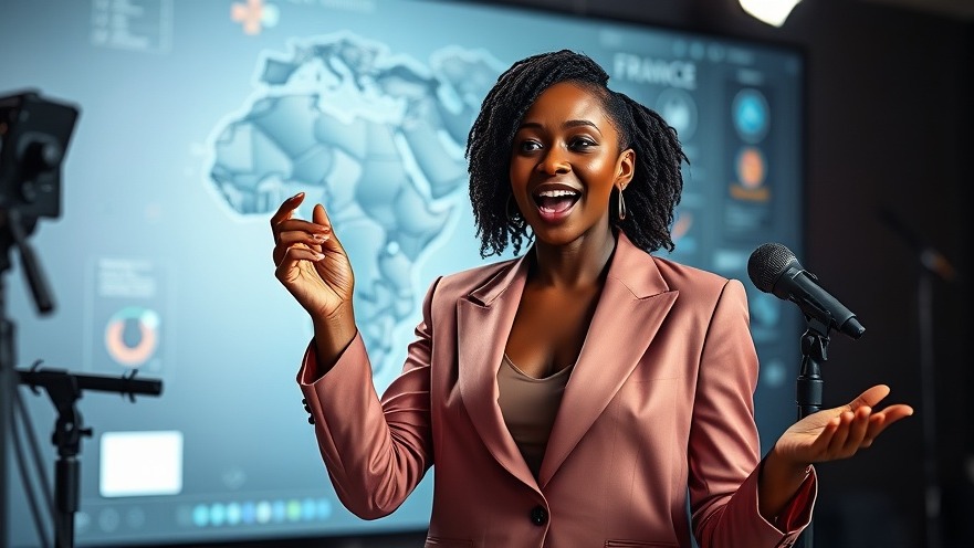 Classy African woman in a power suit illustrating AI motion graphics in a modern studio.