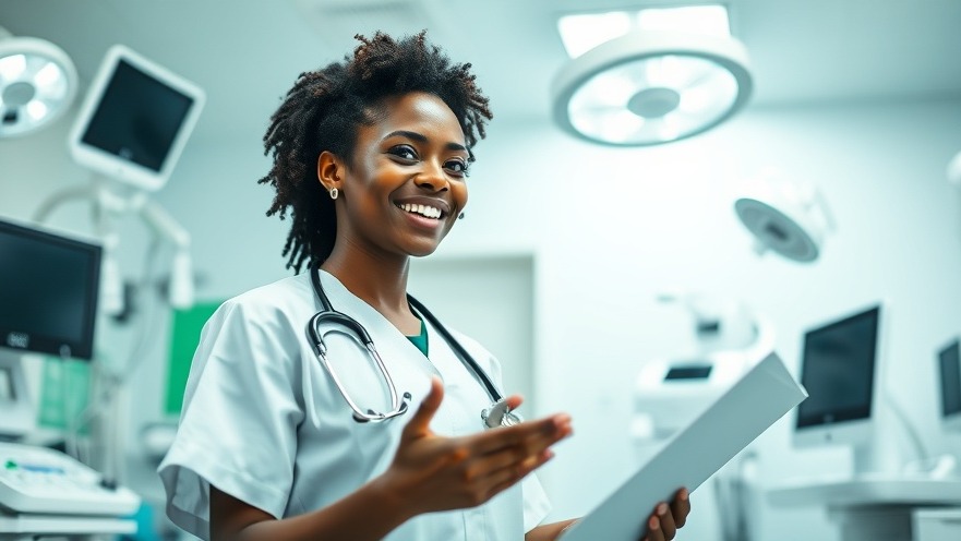 Smiling healthcare professional in an intensive care unit presentation on patient recovery.