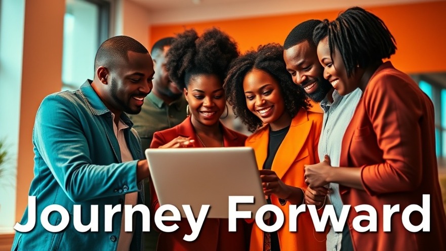Diverse African professionals collaborating on ideas around a laptop in a modern, vibrant setting.