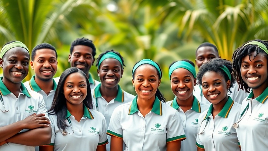 Joyful African medical professionals in white polos, promoting community health outdoors.