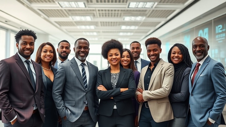 Diverse team in business attire showcasing cybersecurity themes in a modern office.