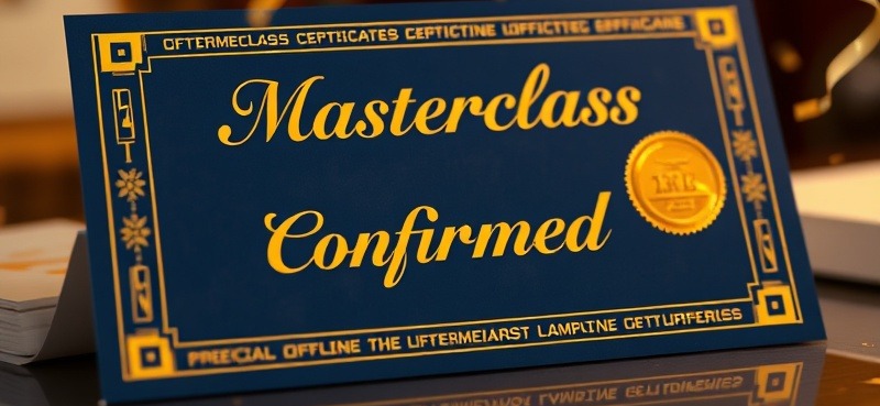 Elegant confirmation certificate with 'Masterclass Confirmed' in gold calligraphy on premium desk.