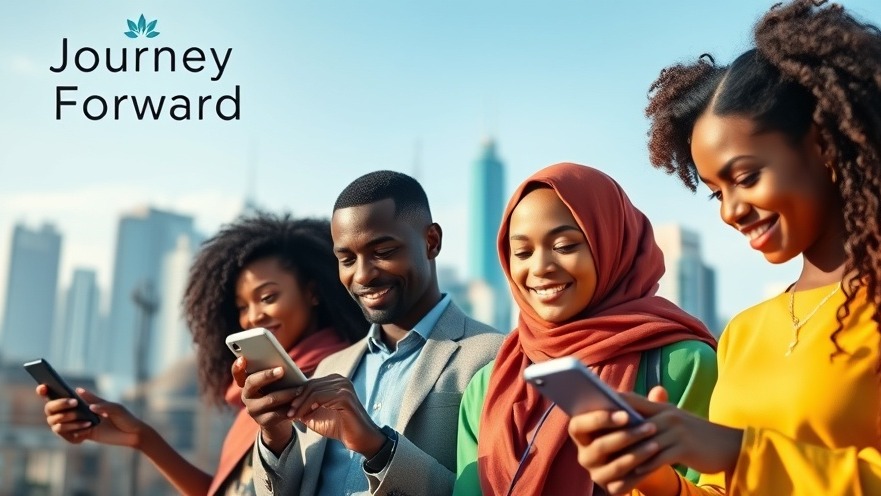 Young African and Muslim professionals engaged with smartphones against a vibrant city skyline.
