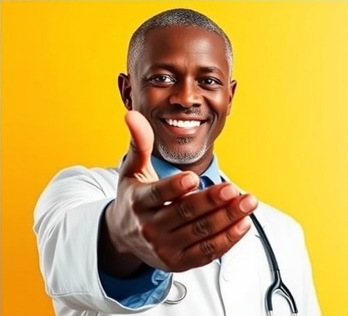 Vibrant healthcare poster promoting Wellness Services in Kampala, featuring a smiling doctor.