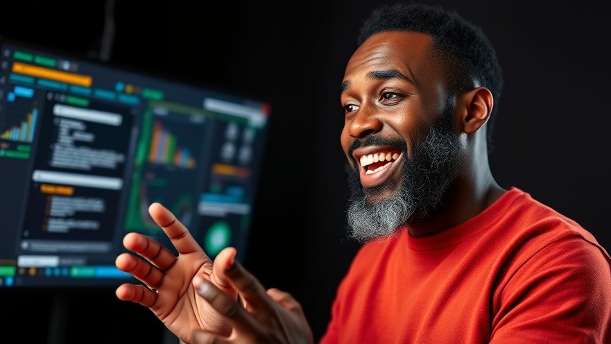 Bearded African man enthusiastically discussing AI innovation in Africa with tech screen backdrop.