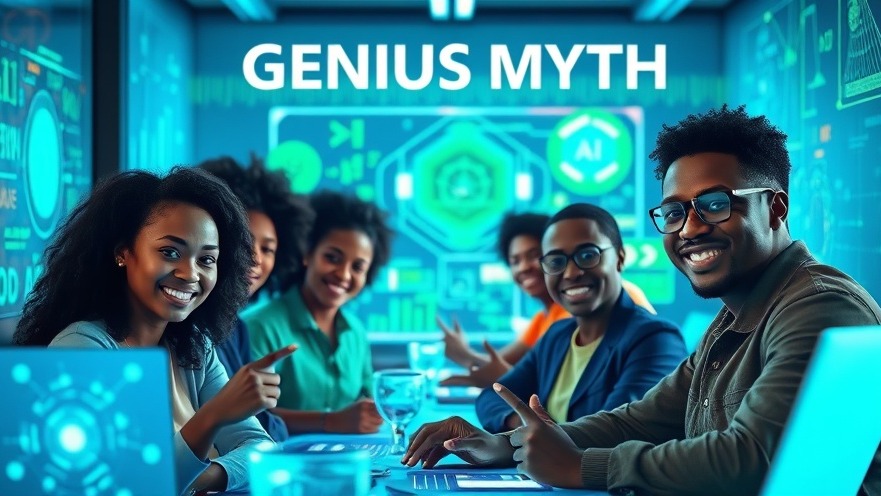 Innovators in a futuristic workspace collaborating on acts of genius with glowing AI displays.