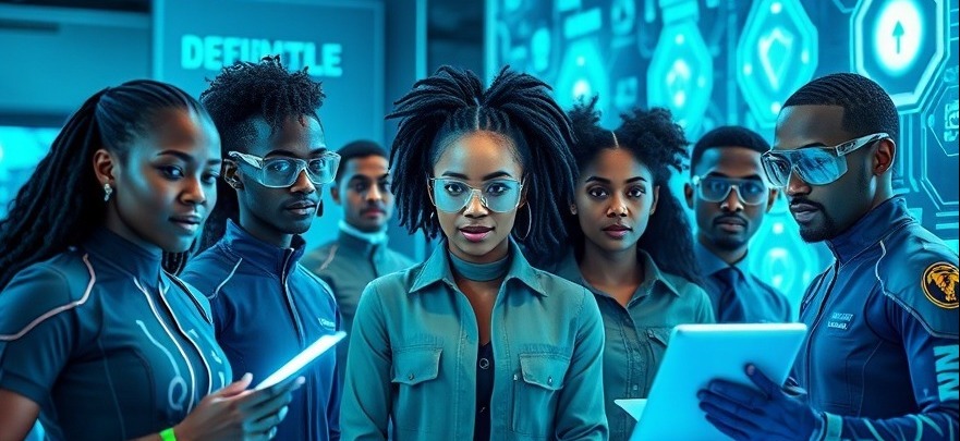 Diverse innovators collaborate on AI and cybersecurity in a futuristic workspace.