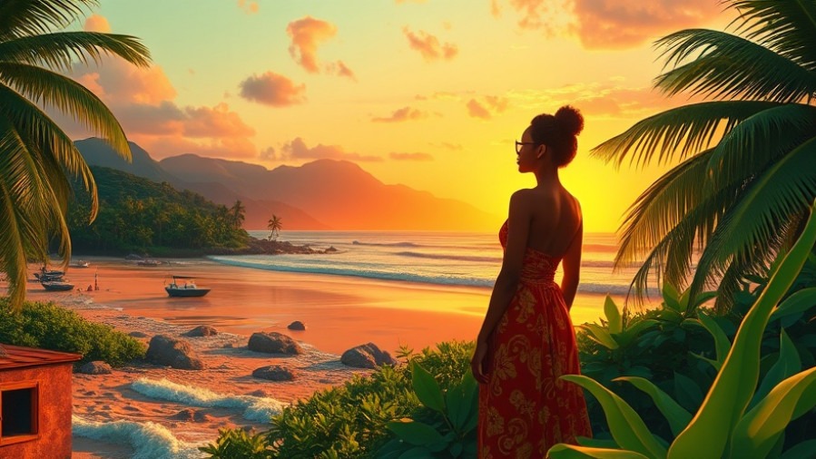 Elegant African woman in a vibrant tropical landscape, embodying improvisational mindfulness.