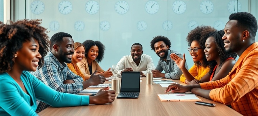 Diverse professionals brainstorming on time management techniques, unlocking potential.