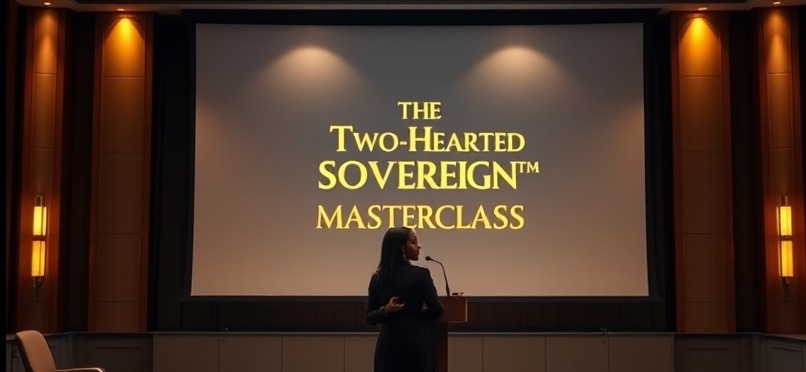 Elegant boardroom with African woman presenter at podium, showcasing 'The Two-Hearted Sovereign™ Masterclass' in gold.