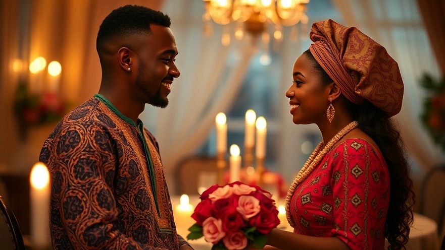 Romantic African couple in West African clothing, celebrating Valentine's Day in an elegant dining setting.