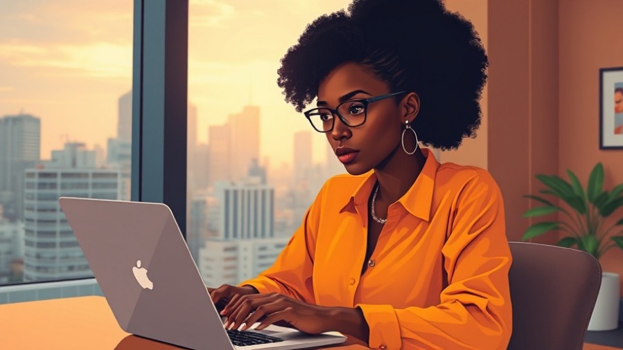 Classy African woman working on a laptop, inspired by chill beats for productivity.