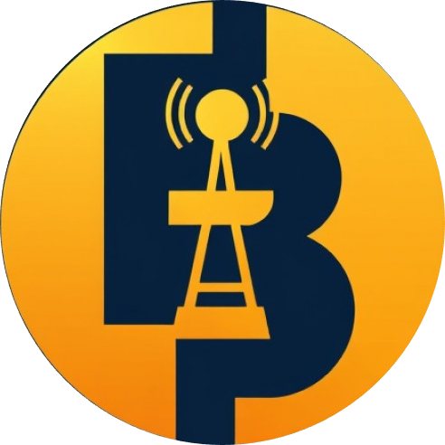 Minimalist logo of interlocking 'B' letters forming a broadcast tower in gold gradient.